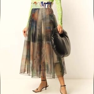 QUETSCHE Brown Printed Pleated Multicolor Layered Tulle Ankle Skirt